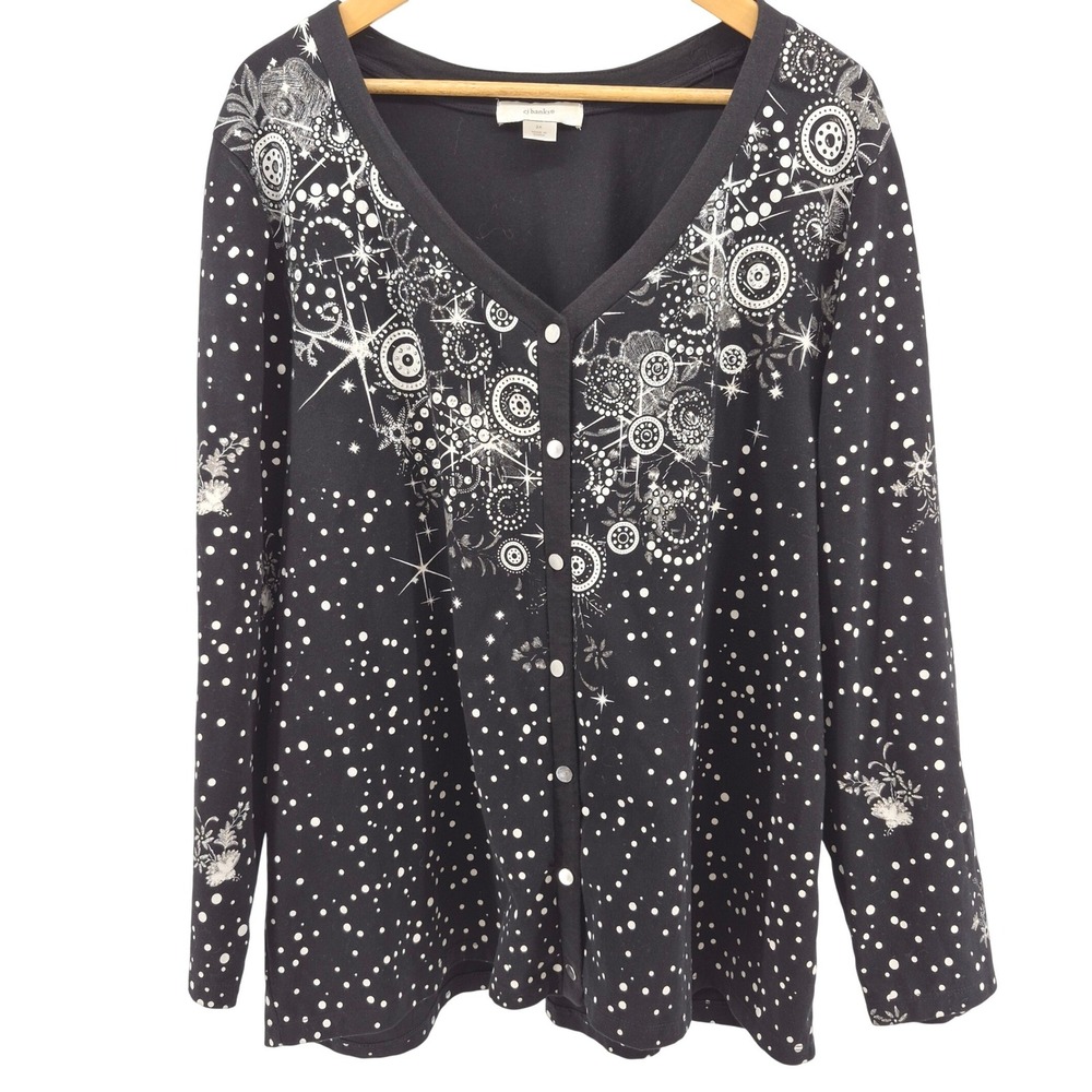 CJ Banks Celestial Black‎ Starburst Dot Print Snap Front Sweatshirt Cardigan 2X